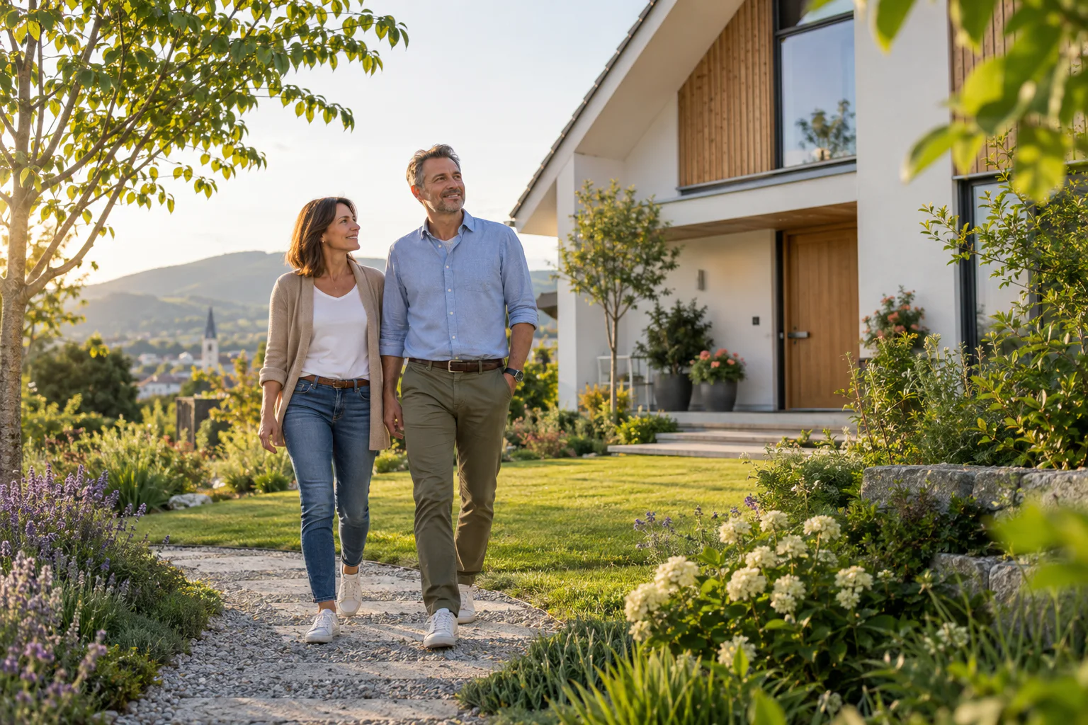 Reifes Paar auf einem Gartenweg vor einem hellen Einfamilienhaus